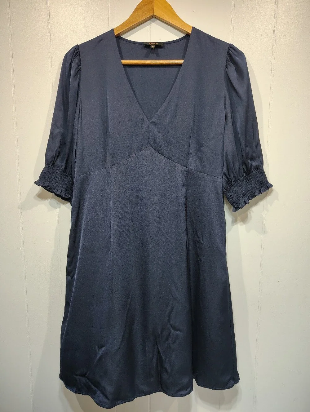 Quince Stretch Silk Puff Sleeve Mini Dress Navy Blue M Washable